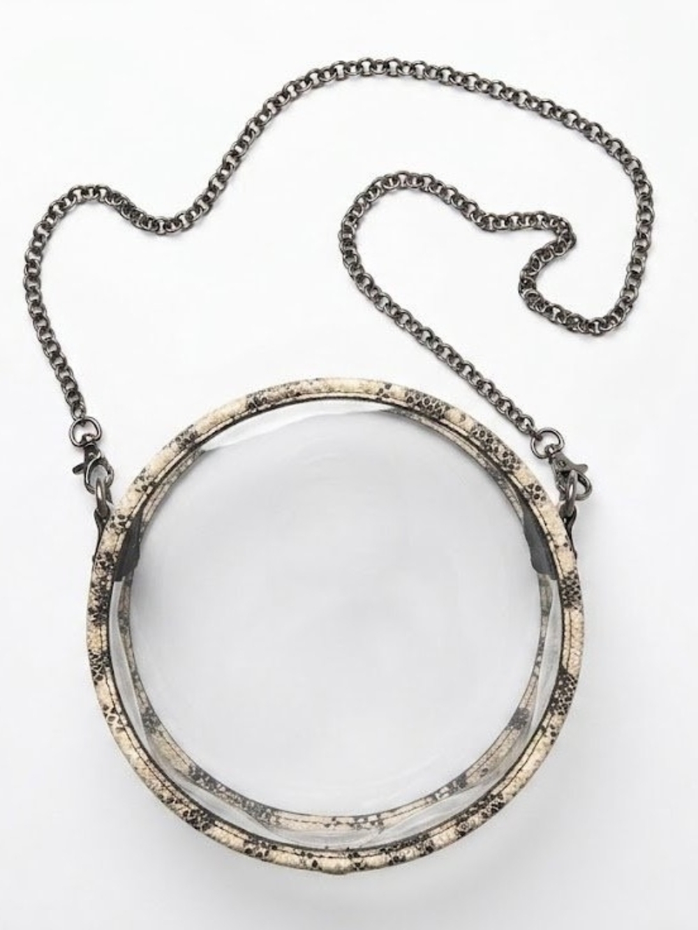 Kelly Wynne Round Clear Crossbody with Leather Snakeskin Trim and Chain Strap